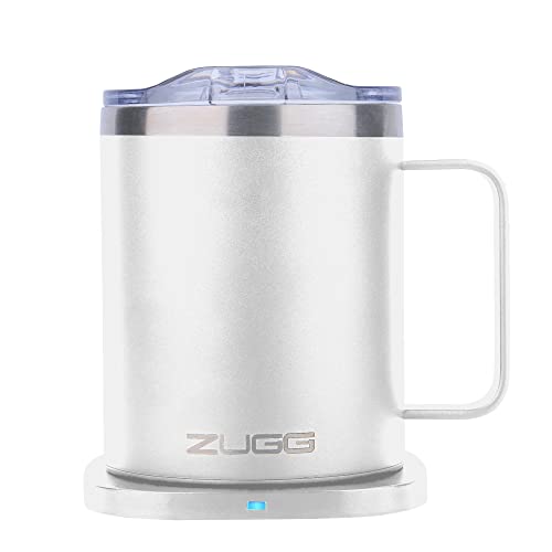 ZUGG Coffee Mug Warmer with Self-Warming Insulated Drink Cup, Home and Office Desk Accessory with Qi Heater, Double Wall Stainless Steel, Premium 2 Pc. Gift Set (White)