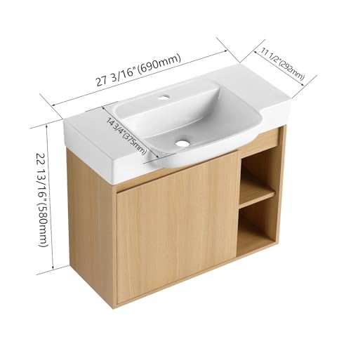 Image of 28 inch Bathroom Vanity with Ceramic Sink, Modern Wall-Mounted Bathroom Vanity with Soft-Close Door & 2 Open Storage Shelves, Farmhouse, Undermount Storage Cabinet, Easy to Clean, Light Oak