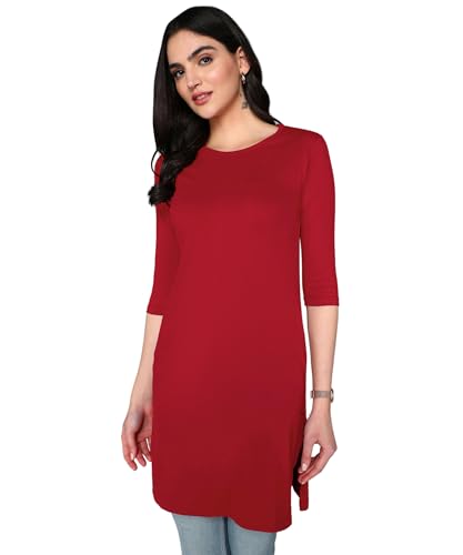 Image of FLEXIMAA Women's Cotton Plain Round Neck 3 /4 Sleeve Long Top