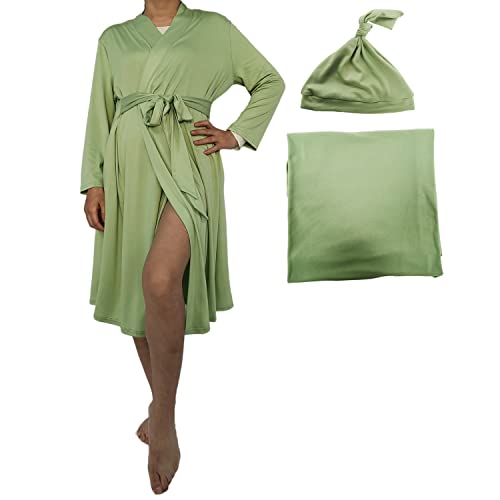 Image of SUFEINI Maternity Robe and Matching Baby Swaddle Blanket Set, Mommy Robe with Receiving Blanket Girls Boys Sleepwear