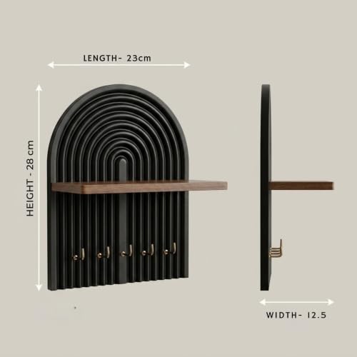 Image of Home Sparkle Wall Mounted Key Holder for Home Entrance with Shelf | Premium MDF Wood Organizer with Paint Finish | Modern Key Hanger Rack with 5 Hooks for Keys & Daily Essentials | Black & Walnut