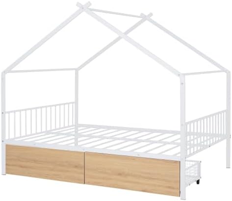 Full Size Metal House Bed, Full House Bed with 2 Drawers, Headboard and Footboard, No Box Spring is Needed, Metal Tent Cabin Beds Frame for Girls, Boys, Teens, White