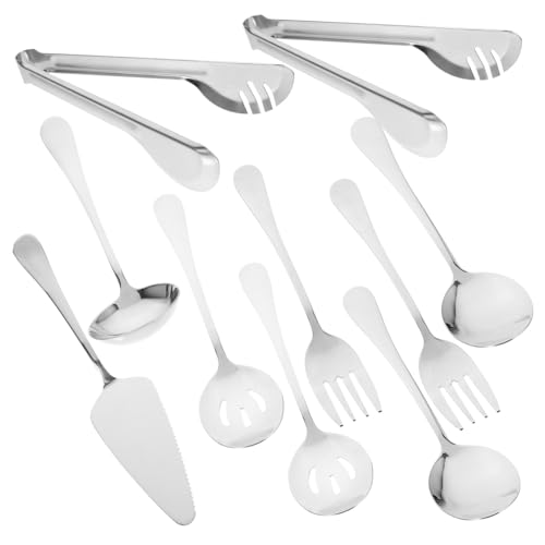 STOBAZA 1Set Stainless Steel Serving Utensils Includes Slotted Spoon Soup Ladle Fork Spatula and Tongs for Buffets and Catering Events Kitchen Tools