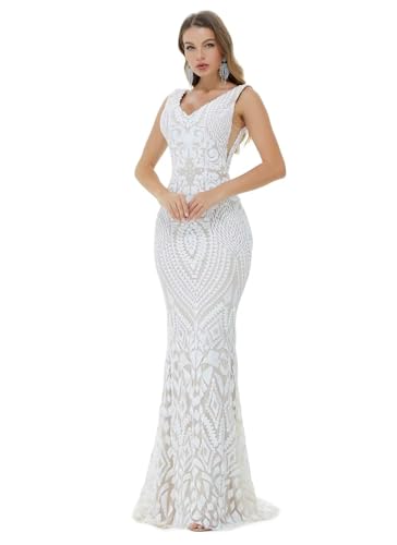 Image of Women's Wedding Bridesmaid Gown Sequined Mermaid V Neck Sleeveless Evening Dress