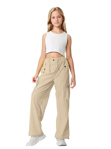 Image of HENGAO Girls Cargo Pants Parachute Casual Jogger Y2K 5-14 Years | Kids Baggy pants Parachute, Drawstring, with Pockets, Elastic High Waist, Loose Trousers Streetwear