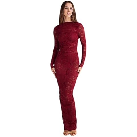 JUMISEE Women's See Through Lace Long Sleeve Maxi Dress Sexy Ruched Backless Bodycon Cocktail Dress Party Evening Gown Burgundy Cover
