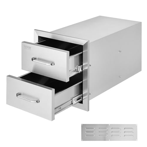 Image of VEVOR Outdoor Kitchen Cabinets 14W x 14.3H x 23D Inch, BBQ Island Drawers Stainless Steel, Flush Mount Double with Handle, BBQ Island for Outdoor Kitchens or Grill Station
