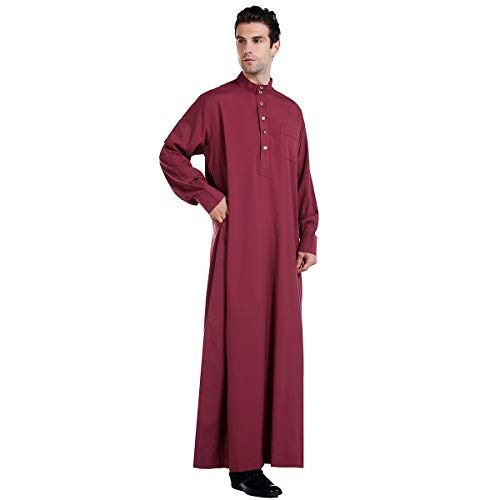 Muslim Men Full Sleeve Thobe with Side Pockets Solid Stand Collar Middle East Saudi Arab Long Robe3