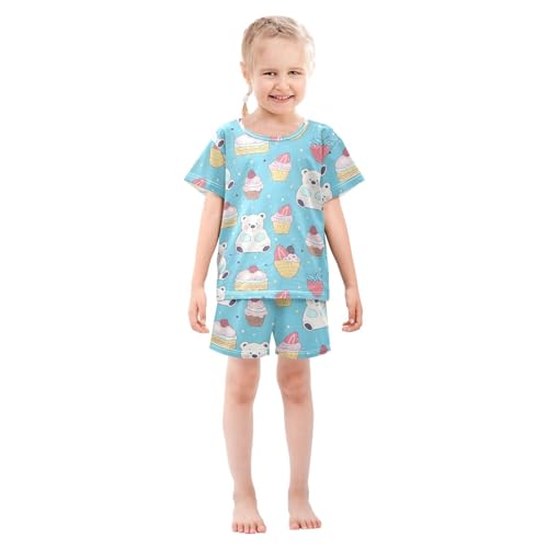 ALAZA Cartoon Bear Cupcake Strawberry Pajamas Short Sleeve 2 Piece Sleepwear Top and Bottom Pajama Set Unisex3