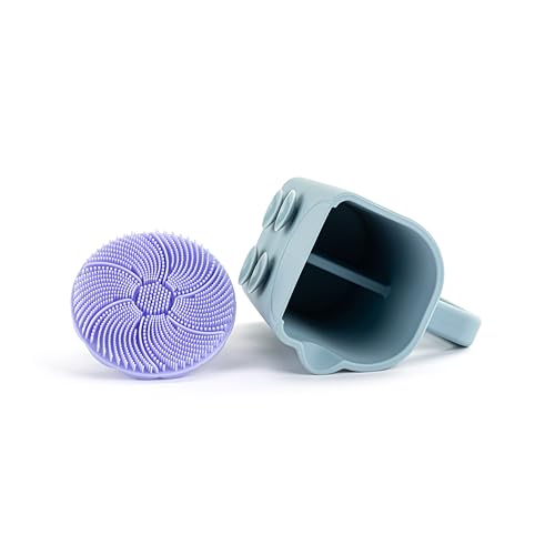 Image of DEMDACO Love to Play Collection Baby Bath Rinse Cup and Silicone Scalp Scrubber Set - Gentle Hair Washing Aid for Infants & Toddlers Soft Silicone Kids' Brush & Ergonomic Rinse Pitcher, Blue