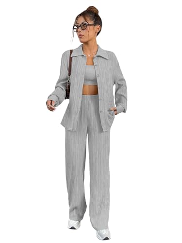 Image of Shasmi Women's 3-Piece Co-ord Set - Solid Button Front Shirt, Strapless Tube Top & Wide Leg Pants | Casual Loose Fit Western Outfit for Daily Spring /Fall Wear (Co-Ord-208)