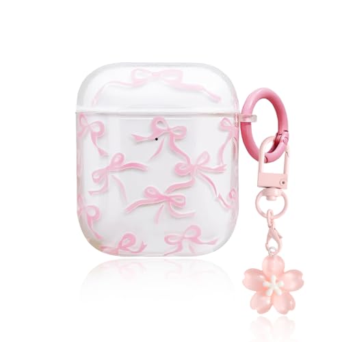 KEWUF AirPods 1 Custodia Cover, Custodia per Auricolari a Forma di Fiocco Rosa, Con Ciondolo Floreale Rosa, AirPods Cover, Cover Protettiva con Ciondolo Shockproof per Cuffie AirPods 1/2 (AirPods 1/2)
