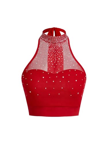 Floerns Women's Sleeveless Sheer Mesh Halter Tops Rhinestone Party Crop Tank Top