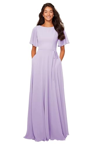Image of petyoo Chiffon Flutter Sleeve Bridesmaid Dresses with Pockets Sash Long A Line Formal Dress