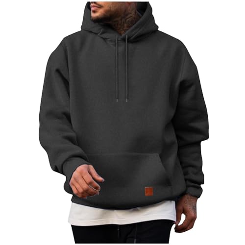 Hoodies for Men Fall Winter 2025 Trendy Pullover Hooded Sweatshirt with Pockets Solid Oversized Long Sleeve Jacket Dark Gray