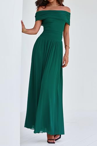 Image of MASCOMODA Women Off The Shoulder Mesh Maxi Dress Bodycon Ruched Formal Sleeveless Pleated Cocktail Wedding Guest Long Dresses