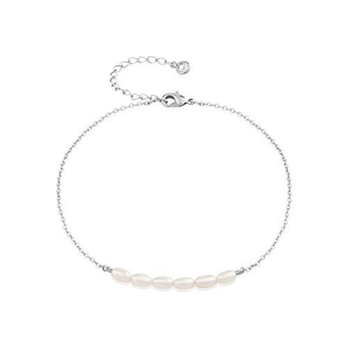 Freshwater Pearl Anklet,Sterling Silver 14K Silver Filled Boho Pearl Dainty Handmade Beaded Cute Tiny Charm Beach Ankle Bracelet Foot Chain Anklet for Women