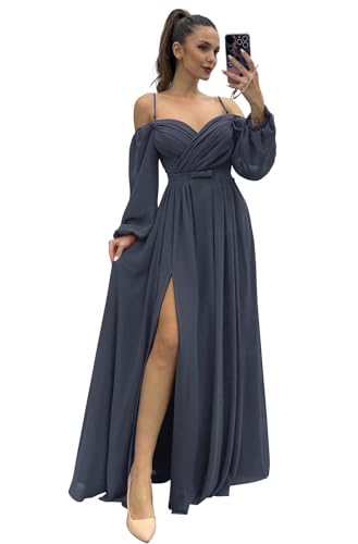 Women's Bridesmaid Dresses with Long Sleeves Spaghetti Strap Split Ruched Wedding Guest Dress with Pockets