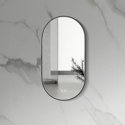 Belvit Ovaler LED Spiegel mit Touchsteuerung und Anti Beschlag Funktion, Badspiegel mit Beleuchtung für stilvolle Bäder, 100x50 cm, Heizfläche, IP54, energieeffizientes LED Licht, Mattschwarz