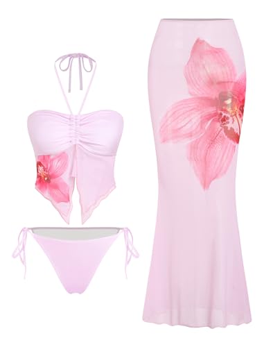 Image of ZAFUL Women 3 Piece Bikini with Cover Up Skirt Halter Bandeau Swimsuit Floral Tie Side Cheeky Bathing Suit