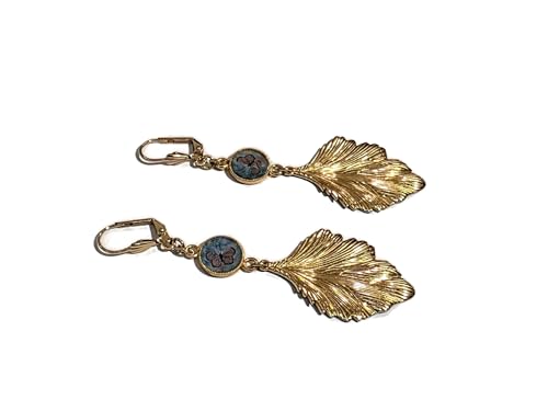 Boucles d'oreilles résine légères anti-allergie avec feuille laiton doré et papillon