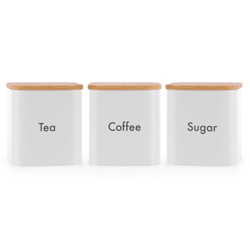 EHC Tea Coffee Sugar Canister Set of 3, Storage Canisters Set - Easy to Open Airtight Lids, White