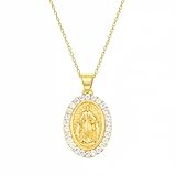 Sakrami Collar mujer niña plata 925 con Virgen Milagrosa y circonitas – Colgante ovalado luminoso, caja personalizable – Idea regalo para comunión, confirmación, cumpleaños, ÚNICO, Plata esterlina