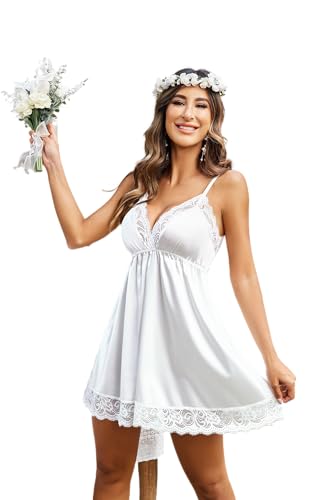 Avidlove Sexy Nachtwäsche Frauen Damen Babydoll Cami Nachthemd Spitze Negligee Schlafkleid V-Ausschnitt Kleid Reizwäsche Dessous Set Weiß XXL