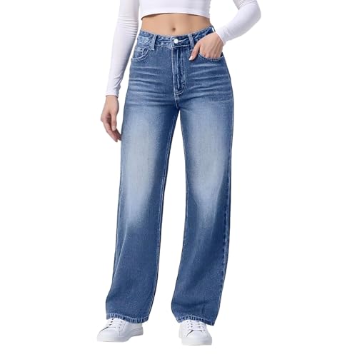 Jean baggy femme taille haute en denim extensible décontracté
