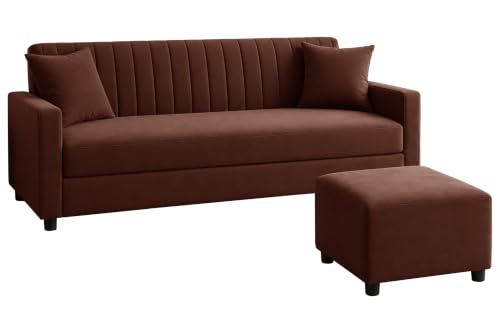 Image of Modern 3-Seater Velvet Sofa with Ottoman| Vertical Channel Tufted Backrest | Comfortable Living Room Sofa | Contemporary Furniture for Home, Bedroom & Office | Brown