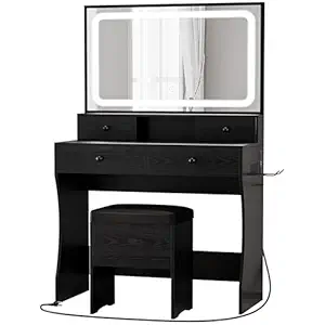 LIKIMIO Vanity Desk with LED Lighted Mirror & Power Outlet & 4 Drawers, Dressing Makeup Table Set with Storage Stool and Hair Dryer Stand, Black