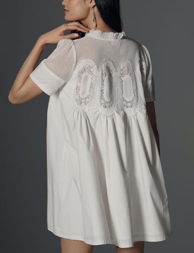 Image of Shiyifa Womens Babydoll Lace Patchwork Dresses Summer Short Sleeve Ruffle Sundress Loose Crew Neck A-Line Dresses