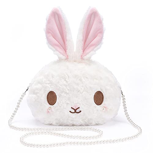 Image of kawaii bunny Crossbody bag,cartoon Plush Rabbit wallets,cute Lolita Handbag for women, Lovely Fluffy animal purse (pearl chain) white