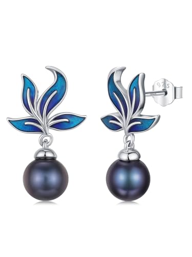 Tahitian Black Pearl 18K White Gold Plated Sterling Silver Earrings for Wedding Birthday Anniversary Valentines Day Christmas Pearl Jewelry Gift for Women Wife Mom Lover Girlfriend