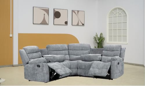Grey Fabric Recliner Sofa For Living Room Furniture With Drop - Down Table & Cup Holders (Corner)