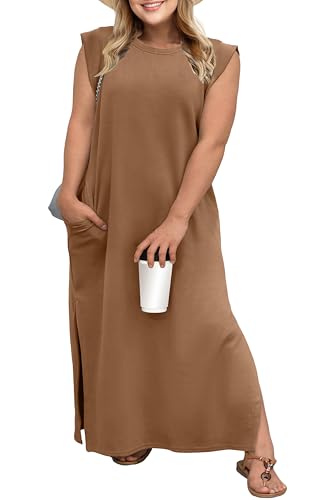 OLRIK Plus Size Maxi Dresses for Curvy Women Boho Beach Style Summer Trip Cap Sleeve Air Layer Split...