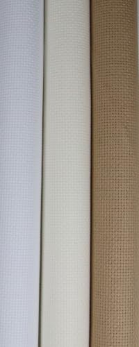 Image of KCS 3 pc of 15 inch x 18 inch(38cmx45cm) 14 Count Cross Stitch Cotton Aida Cloth Needlework Rolled Fabric Box,14CT,White+Antique White+Khaki