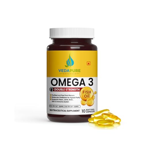 Vedapure Omega 3 Fish Oil 1000mg – 60 Softgels | 360mg EPA & 240mg DHA | Heart, Brain & Joint Support | Omega3 Supplement for Men & Women | Pack of 1