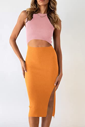 Image of PRETTYGARDEN Women's Summer Midi Bodycon Dresses Casual Crew Neck Side Slit Sleeveless Knit Cut Out Tank Top Dress