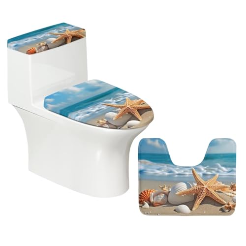 Zanxiantu Starfish Shell Toilet Lid Cover Stretch Washable Toilet Tank Lid Cover and Toilet Floor Mat for Bathroom Decor Flannel U-Shaped Toilet Rug 3-Piece Set