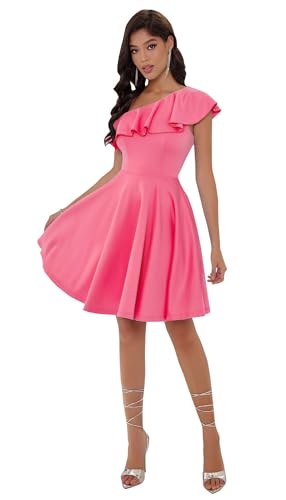 Image of Angel-fashions Elegant One Shoulder Pink Homecoming Dress A-Line Ruffles Cocktail Dresses Perfect for Wedding Guests and Parties Size 10