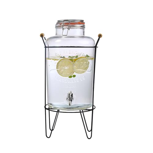 Crystals 8L Glass Water Dispenser with Tap & Stand Wide Mouth Drink Beverage Jar with Metal Handle Leak Proof Juice Dispenser for Cocktails & Drinks Parties Kitchen & Home Drinks Server