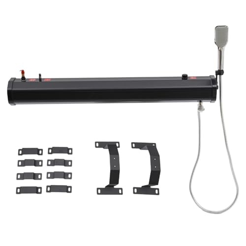 Ducha portátil solar de camping 7.9 galones, tanque de agua presurizado para rack de techo con bolsa de almacenamiento y manguera de 5.58 pies, suministro de agua para actividades al aire libre para SUVs, sedanes, RVs y camiones