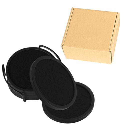 Absorbent Drink Coasters with Holder Set of 6 Black Silicone Coasters with Removable Soft Felt Insert for Indoor Outdoor Table Protection