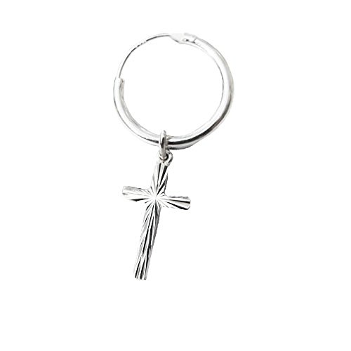 Pendiente de aro con una cruz colgante, fabricado con plata de ley 925, en caja de regalo, para hombre