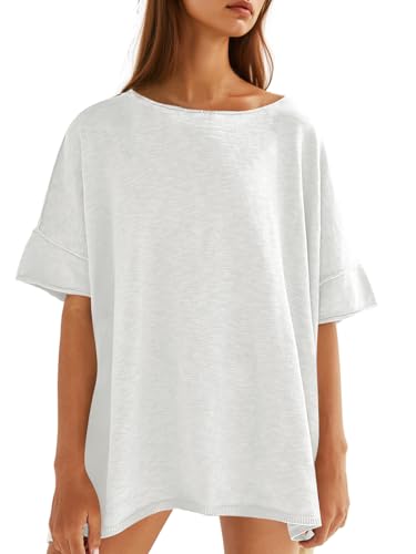 Tankaneo Women's Oversized T Shirts Casual Summer Crew Neck Loose Dropped Short Sleeve Side Slit Hem Blouse Tunic Tops