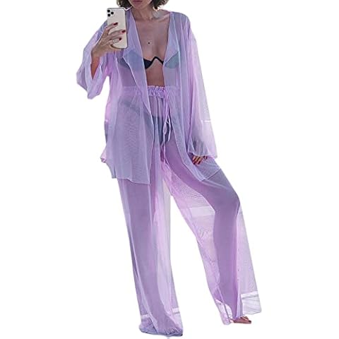 Women Perspective Tulle Long Sleeves Beachwear See-Through Cardigan Long Pants Cover