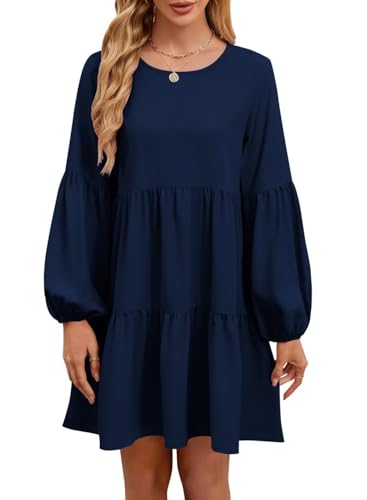 Image of QACOHU Falll Dresses for Women 2026 Crew Neck Long Lantern Sleeve Casual Loose Flowy Swing Shift Dress