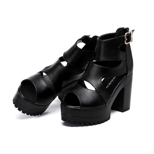 Women'S Hollow Out High Top Chunky Heel Roman Sandals Summer Breathable Fish Mouth Pointed Toe Adjustable Ankle Strap Anti-Slip Platform High Heels Sandals (Black-3.15inch,11)