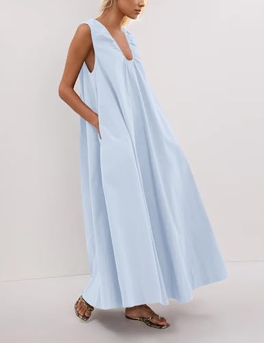 Image of Women Sleeveless Ruched Maxi Dress Scoop Neck Long Elegant Dresses Wide Shoulder Strap Blouse Dress with Side Pockets